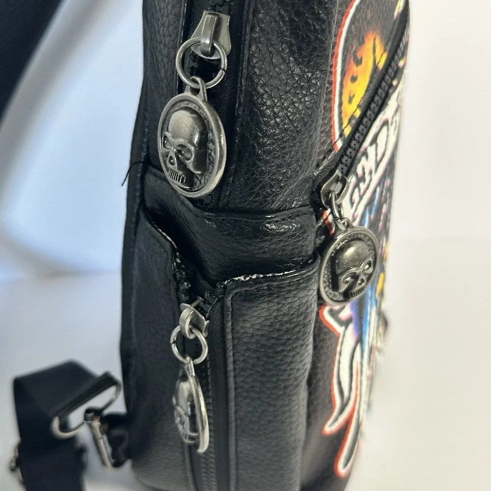Ed Hardy Mens Black Pebbled Sling Backpack Eagle Skull Tattoo Graphic Bag